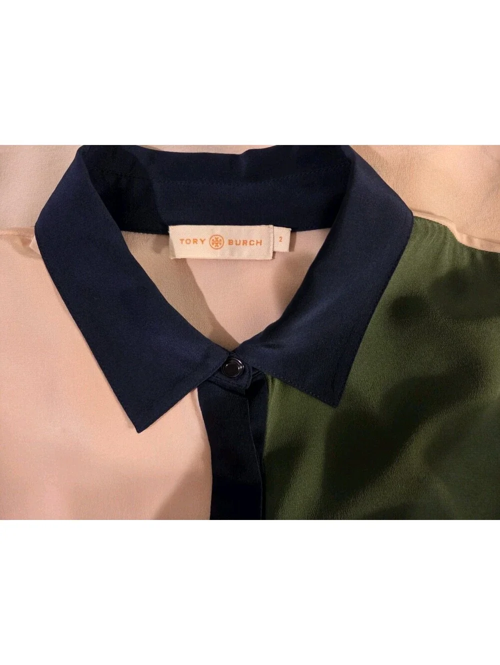 Tory Burch Sz 2 Patchwork Silk Shirt Green White Pink Ivory Poetry Print Blouse - Picture 9 of 9